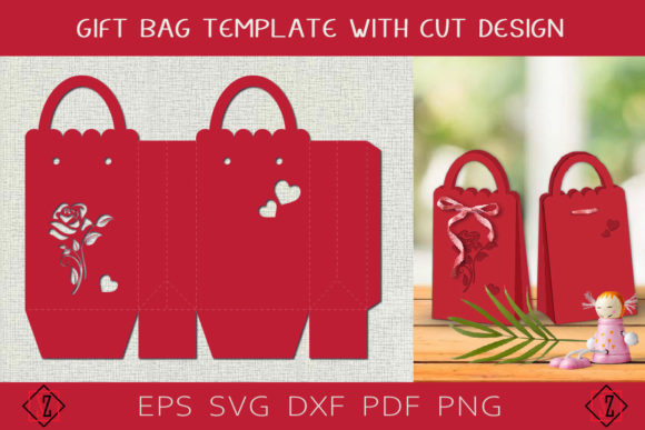 Gift Bag Template with Rose and Hearts: A 3D SVG Design for Versatile Gift Boxes